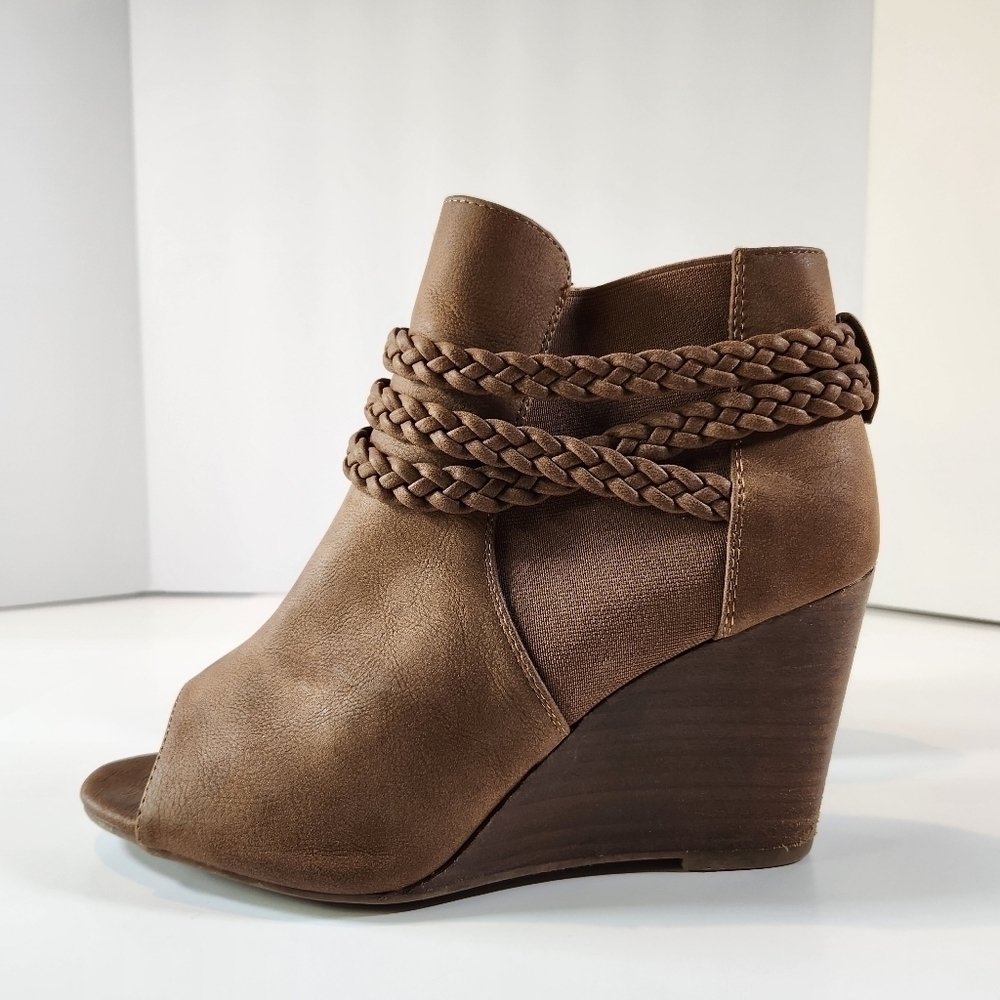 CATO Women's 11W Brown Peep Toe Side Zip Wedge Ankle Booties Brown - Picture 2 of 12